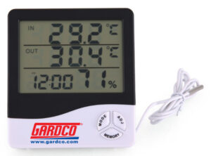 Handheld device with digital display of three rows of numbers. Next to a dial at the bottom is the Gardco logo.