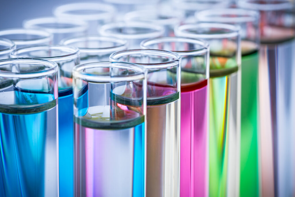 Test tubes with liquids of many colors.