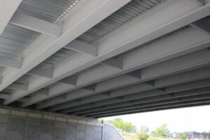 The underside of a highway bridge.