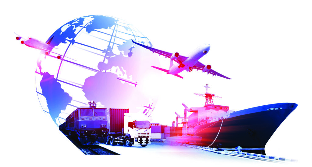 Decorative image of a jet, ship, and train in front of the globe.
