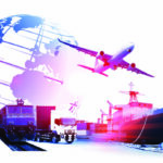 Decorative image of a jet, ship, and train in front of the globe.