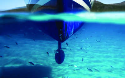 A boat seen from the front showing the hull from both above and below the water. A school of fish swims through turquoise and blue water above the sandy seafloor.