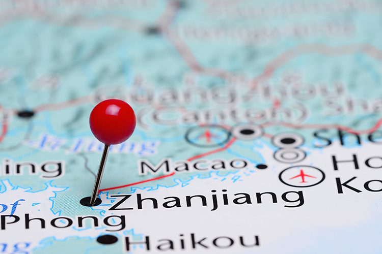 map showing Zhanjiang, china with red pushpin