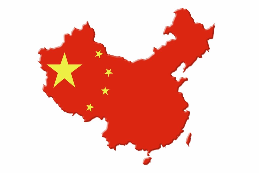 Red outline of nation of China