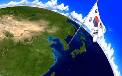 3D render of the national flag of South Korea over the geographic location of the country on a world map. Parts of this image furnished by NASA.