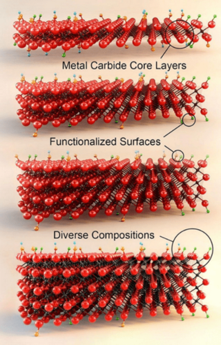 Typical structures of MXenes, where red spheres show metal atoms and small black spheres show carbon atoms