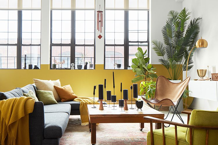 room with yellow walls and big windows