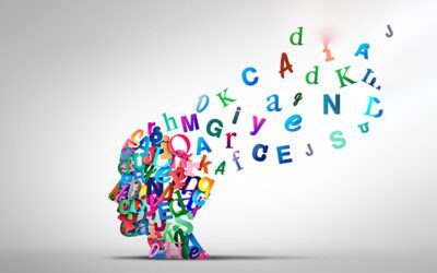 representation of a human head made of colorful letters