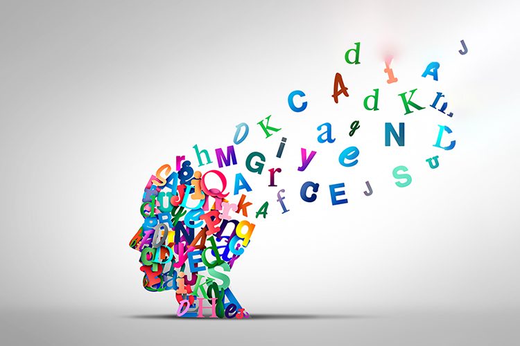 representation of a human head made of colorful letters
